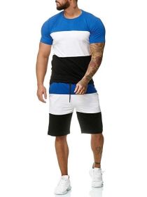 Men's 2 Piece Striped Short Sleeved T Shirt Top and Shorts Set Tracksuit Set for Men S-XXL (Color: Blue, size: L)