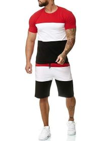 Men's 2 Piece Striped Short Sleeved T Shirt Top and Shorts Set Tracksuit Set for Men S-XXL (Color: Red, size: XL)