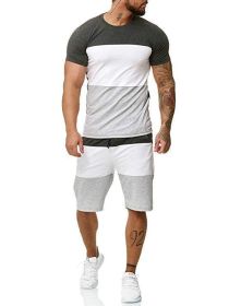 Men's 2 Piece Striped Short Sleeved T Shirt Top and Shorts Set Tracksuit Set for Men S-XXL (Color: Gray, size: M)