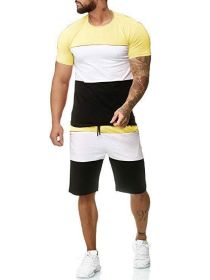 Men's 2 Piece Striped Short Sleeved T Shirt Top and Shorts Set Tracksuit Set for Men S-XXL (Color: Yellow, size: L)
