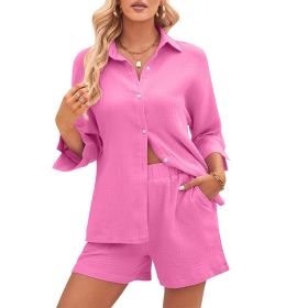 Women's 2 Piece Shirt Casual Tracksuit Outfit Sets Long Sleeve Shirt And Loose High Waisted Mini Shorts Set (Color: Rose, size: L)