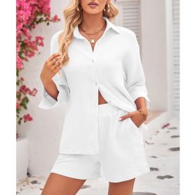 Women's 2 Piece Shirt Casual Tracksuit Outfit Sets Long Sleeve Shirt And Loose High Waisted Mini Shorts Set (Color: White, size: S)
