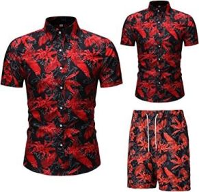 Men's Flower 2 Piece Tracksuit Shirt Casual Hawaiian Short Sleeve Shirts and Pants Suit (Color: 003, size: S)
