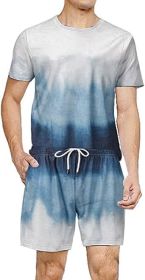 Gradual Change Tracksuits for Men Casual Short Sleeve Hawaiian Shirts Suits (Color: Blue, size: L)