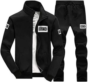 Men's Casual Slim Fit Tracksuit Long Sleeve Jogging Athletic Jacket Suits Set (Color: Black-L)