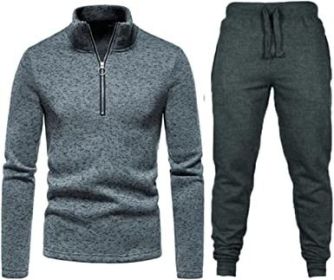 Men's Casual Two-Pieces Suits Zipper Placket Stand Collar Coats Solid Color Jackets + Pants Sets Sportswears (Color: Dark gray-L)