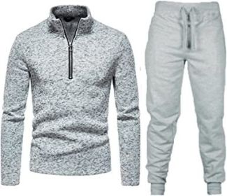 Men's Casual Two-Pieces Suits Zipper Placket Stand Collar Coats Solid Color Jackets + Pants Sets Sportswears (Color: LIGHT GRAY-S)