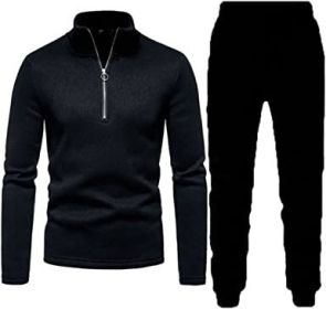 Men's Casual Two-Pieces Suits Zipper Placket Stand Collar Coats Solid Color Jackets + Pants Sets Sportswears (Color: BLACK-S)