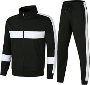Men's Athletic Casual Tracksuit Long-sleeved Stand Collar Jacket Jogging Pants Set (Color: Black-M)