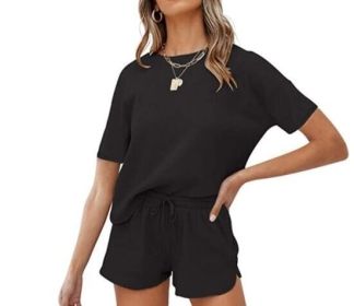 Waffle Knit Short Sleeve Top and Shorts Tracksuits (Color: Black, size: S)