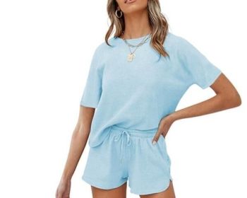 Waffle Knit Short Sleeve Top and Shorts Tracksuits (Color: Blue, size: XS)