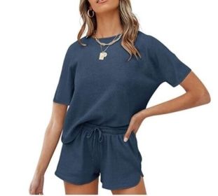 Waffle Knit Short Sleeve Top and Shorts Tracksuits (Color: NAVY, size: XL)
