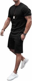 Men's 2 Piece Short Sets Outfits Round Collar Suit Solid Color Casual Track Suits (Color: BLACK-S)