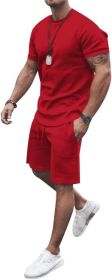 Men's 2 Piece Short Sets Outfits Round Collar Suit Solid Color Casual Track Suits (Color: RED-S)