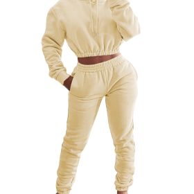 Velvet Thicken Sports Hoodie Jogging Pants Two Piece Winter Set For Women (Color: light yellow, size: L)