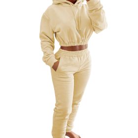 Velvet Thicken Sports Hoodie Jogging Pants Two Piece Winter Set For Women (Color: light yellow, size: XL)
