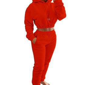 Velvet Thicken Sports Hoodie Jogging Pants Two Piece Winter Set For Women (Color: orange, size: XXL)