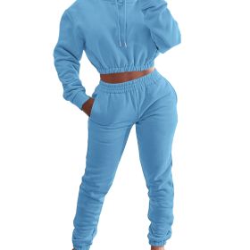 Velvet Thicken Sports Hoodie Jogging Pants Two Piece Winter Set For Women (Color: Blue, size: L)