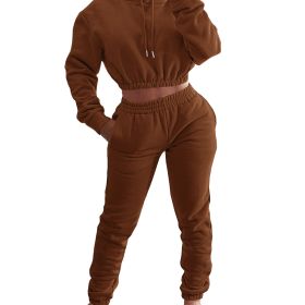 Velvet Thicken Sports Hoodie Jogging Pants Two Piece Winter Set For Women (Color: coffee, size: M)
