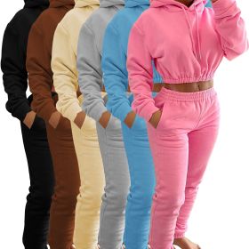 Velvet Thicken Sports Hoodie Jogging Pants Two Piece Winter Set For Women (Color: light yellow, size: M)