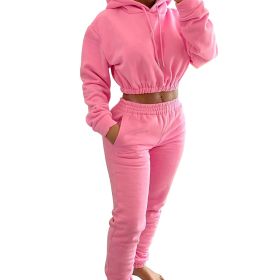 Velvet Thicken Sports Hoodie Jogging Pants Two Piece Winter Set For Women (Color: pink, size: L)
