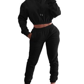 Velvet Thicken Sports Hoodie Jogging Pants Two Piece Winter Set For Women (Color: Black, size: S)