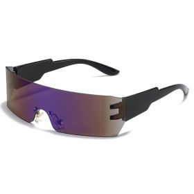 Fashion Rimless Women Sport Sunglasses Men Dazzling Reflective Wrap Shape Outdoor Lens UV400 Eyewear Glasses Bicycle Goggles (Lens Color: black blue)