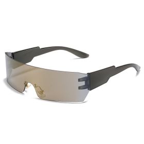 Fashion Rimless Women Sport Sunglasses Men Dazzling Reflective Wrap Shape Outdoor Lens UV400 Eyewear Glasses Bicycle Goggles (Lens Color: black gold)
