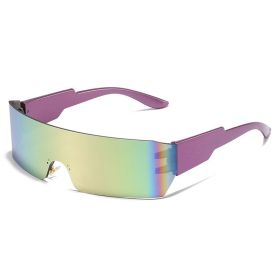 Fashion Rimless Women Sport Sunglasses Men Dazzling Reflective Wrap Shape Outdoor Lens UV400 Eyewear Glasses Bicycle Goggles (Lens Color: purple pink)