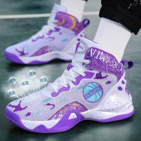 New couple basketball shoes men's sports shoes women's breathable cushioning non-slip wear-resistant gym training sports shoes (Color: white purple, size: 44)