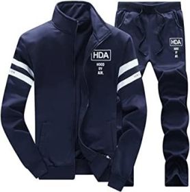 Men's Casual Slim Fit Tracksuit Long Sleeve Stand Collar Athletic Jacket Jogging Pangts Suits Set (Color: BLUE-M)