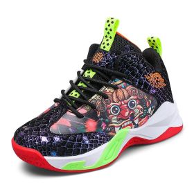 High Top boys Basketball Shoes Breathable Non-Slip Wearable Sneakers boys Gym Training Athletic Basket Shoes kids Unisex Shoes (Color: Black green, size: 38)