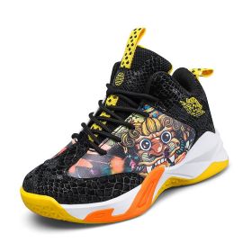 High Top boys Basketball Shoes Breathable Non-Slip Wearable Sneakers boys Gym Training Athletic Basket Shoes kids Unisex Shoes (Color: Black yellow, size: 39)