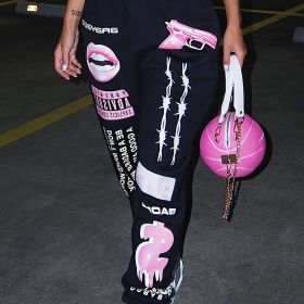 Plus Size Letter Print High Rise Sweatpants; Women's Plus Y2K Slight Stretch Track Pants With Pocket (Color: Black, size: 3XL(18))