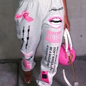 Plus Size Letter Print High Rise Sweatpants; Women's Plus Y2K Slight Stretch Track Pants With Pocket (Color: White, size: 4XL(20))