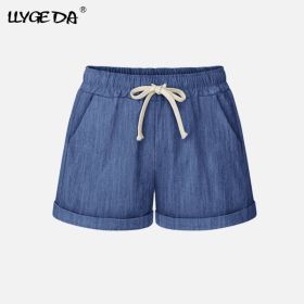 Running Gym Sports Women Shorts Wide Leg Drawstring Elastic Waist Lace up Short 2021 Summer Solid Loose Casual Female Bottoms (Color: Cowboy blue, size: XL)