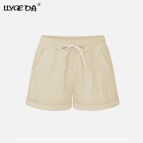 Running Gym Sports Women Shorts Wide Leg Drawstring Elastic Waist Lace up Short 2021 Summer Solid Loose Casual Female Bottoms (Color: Apricot, size: 4XL)