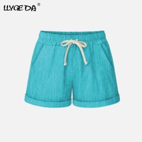 Running Gym Sports Women Shorts Wide Leg Drawstring Elastic Waist Lace up Short 2021 Summer Solid Loose Casual Female Bottoms (Color: Lake green, size: L)