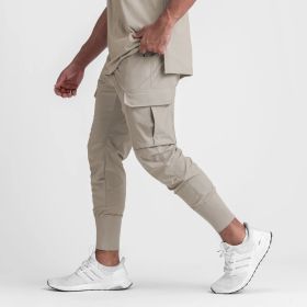 Muscle Men's Exercise Casual Pants Fitness Thin (Option: Khaki Four Sided Bullet-L)